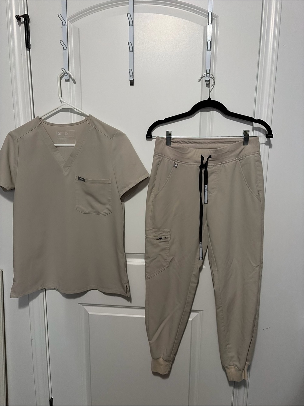 Figs Women's Beige Jogger Scrub Pants with Black Drawstring